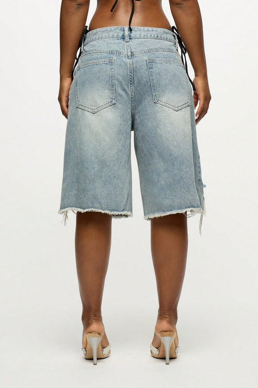 Oversized Grommet Distressed Long Shorts