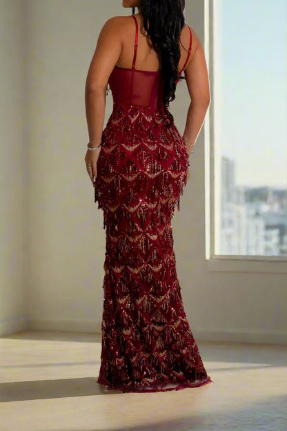 Cami Corset Sequin Fringe Gowns Maxi Dresses