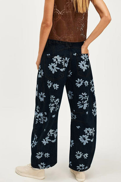 Floral Print Relaxed Barrel Leg Jeans