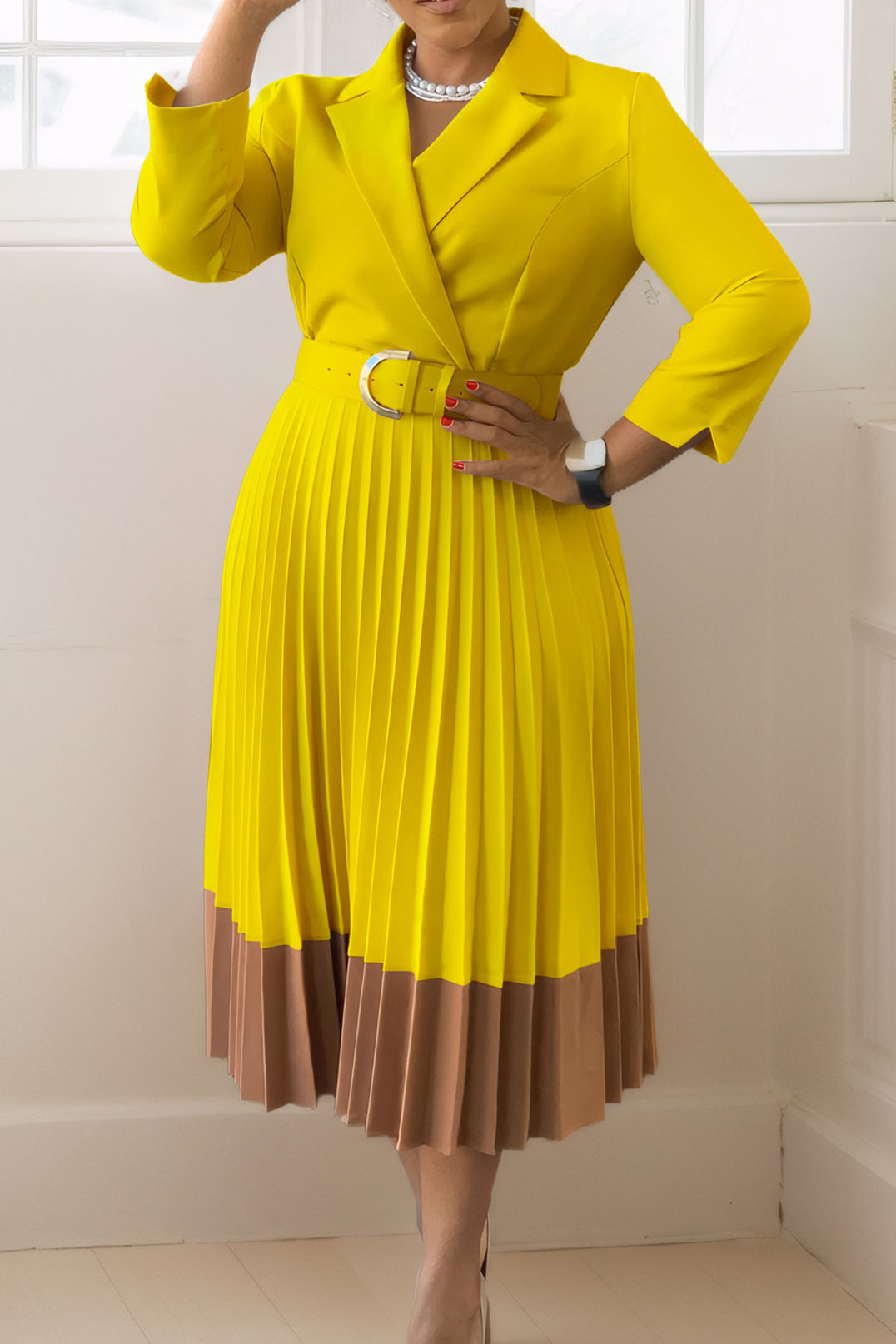 Two-Tone Belted Pleated Dress