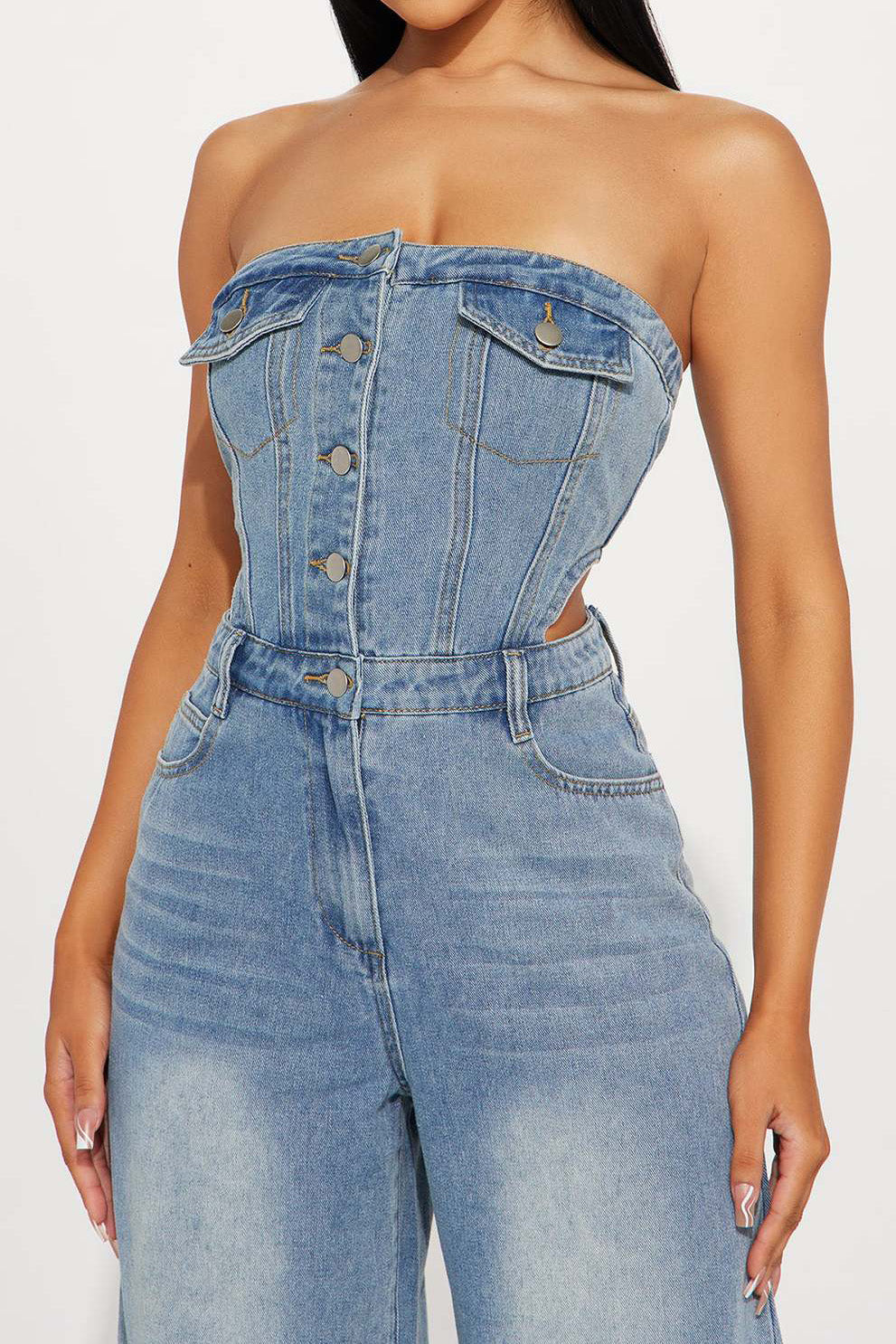 Strapless Slim Top Wide-Leg Denim Jumpsuit