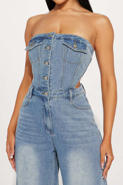 Strapless Slim Top Wide-Leg Denim Jumpsuit