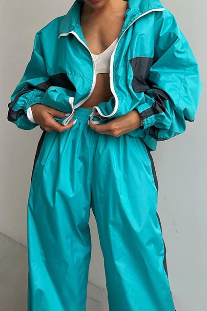 Contrast-Panel Zip Jacket & Wide-Leg Pants Set