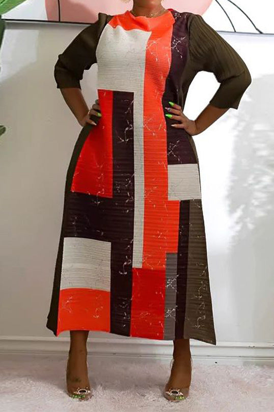 Abstract Print Pleated A Line Midi Dress