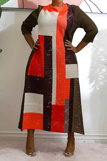 Abstract Print Pleated A Line Midi Dress