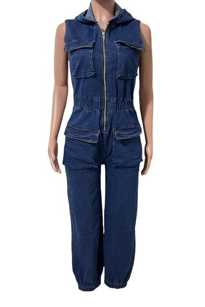 Sleeveless Hooded Denim Jumpsuit