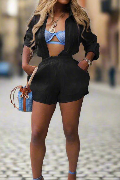Sheer Long Sleeves Top Shorts Set