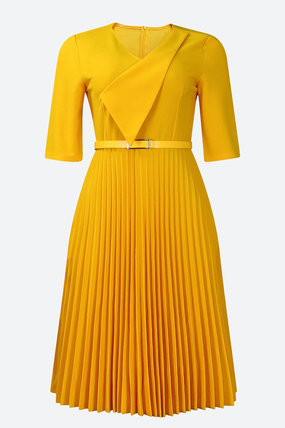 Solid Belted Pleated Dress