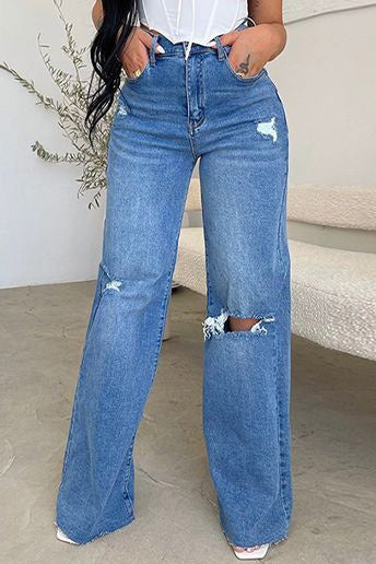 High Waist Light Washed Ripped Jeans
