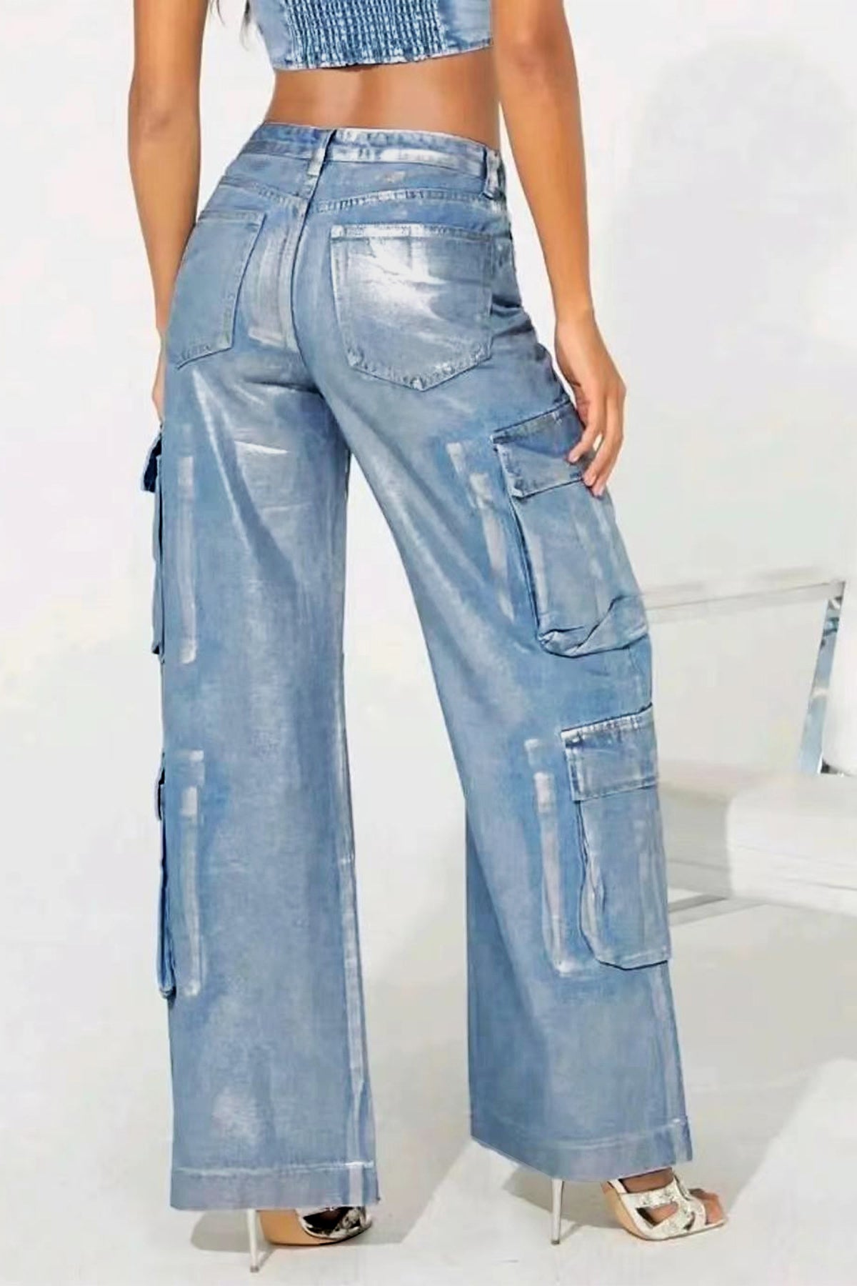 Hot Silver Elastic Cargo Jeans