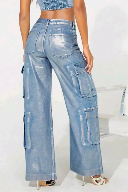 Hot Silver Elastic Cargo Jeans