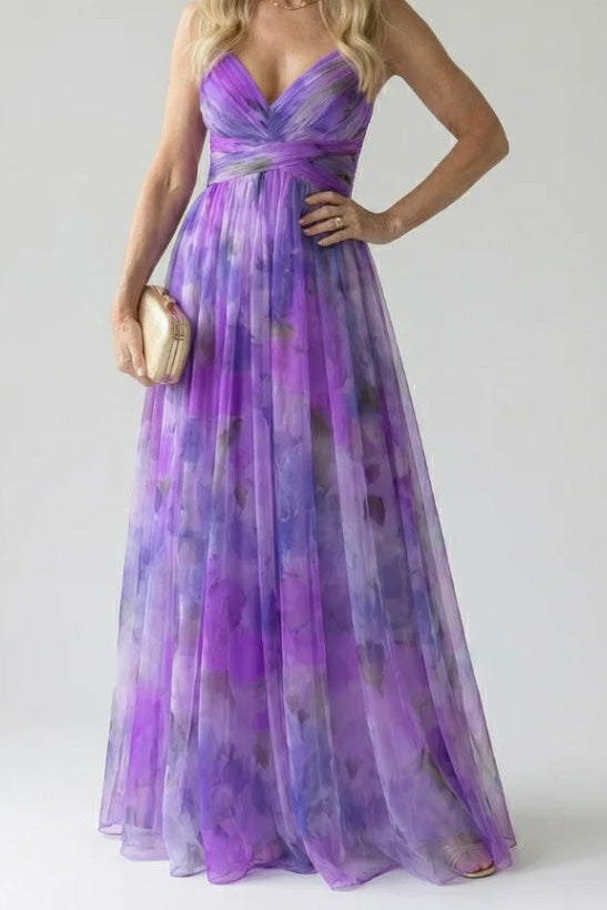 Abstract Chiffon Cutout Backless Maxi Dress