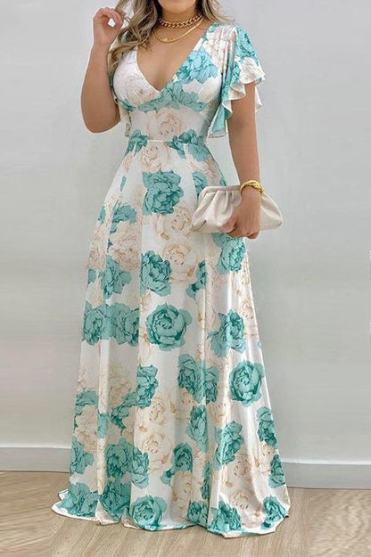 Elegant V-Neck Cinched Waist Print Maxi Dress