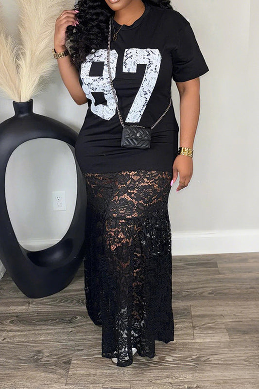 Round Neck Printed Lace Splice Maxi Dress
