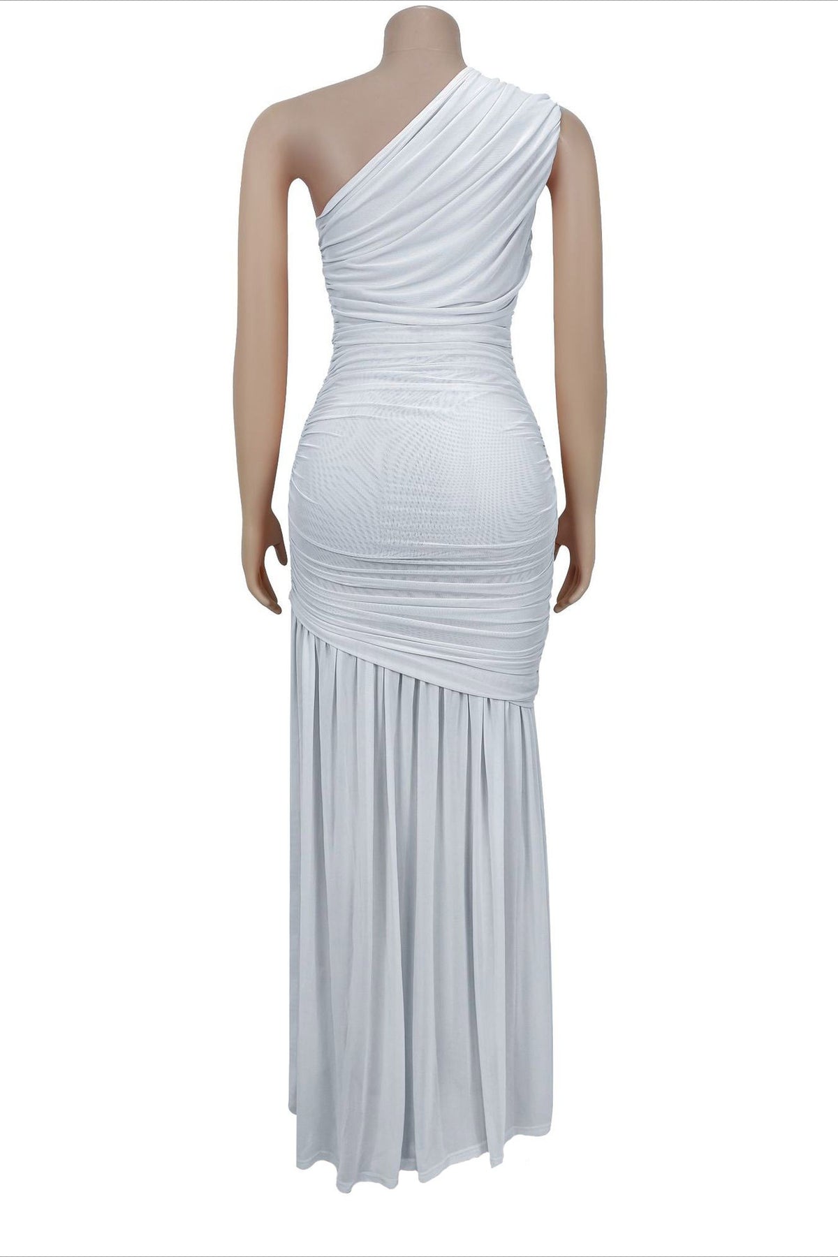 One-Shoulder Ruched Mesh Maxi Dress