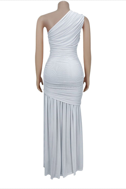 One-Shoulder Ruched Mesh Maxi Dress