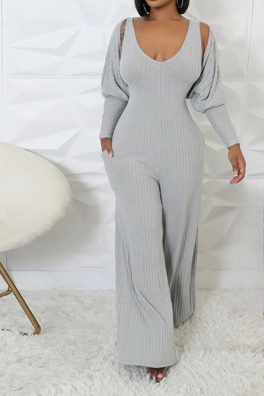 2-Piece Ribbed Knit Tank Jumpsuit & Cropped Top Set
