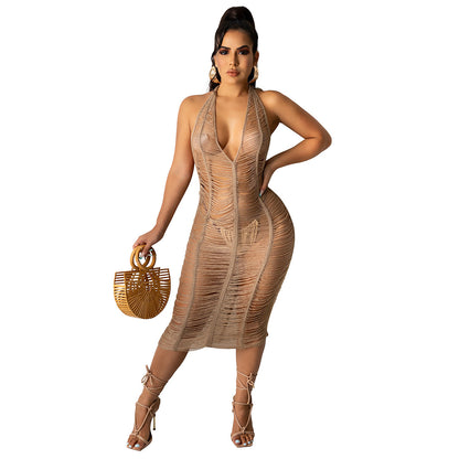 V-neck Backless Knit Maxi Dress