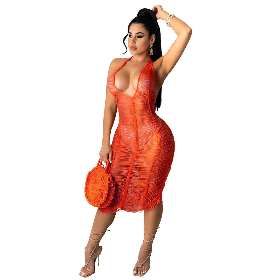 V-neck Backless Knit Maxi Dress