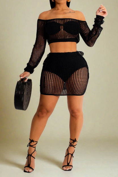 High Stretch Crochet Hollow Slim Skirt Set