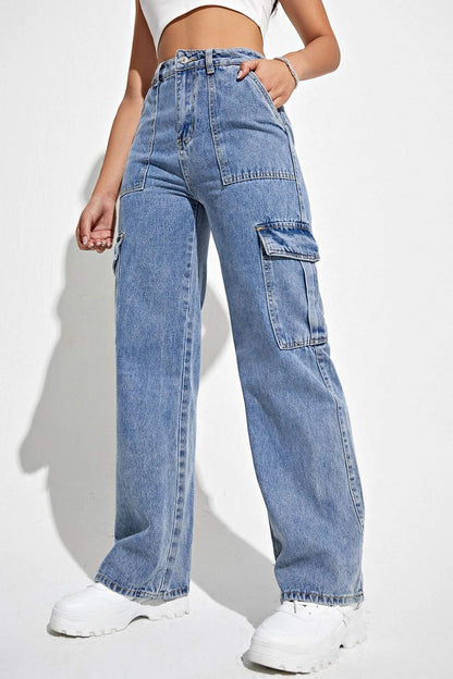 High Waist Flap Pocket Side Cargo Jeans
