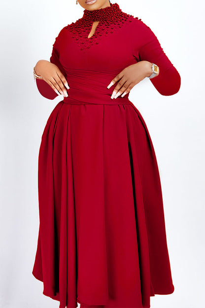 High Collar Elegant Beaded Large Swing Dress