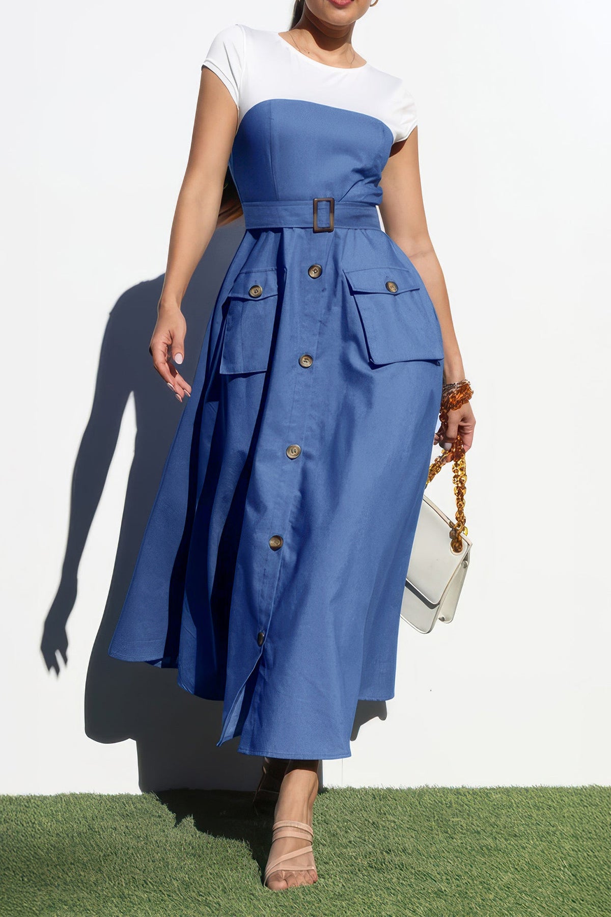 Elegant Denim Patchwork Pocket A-Line Dress