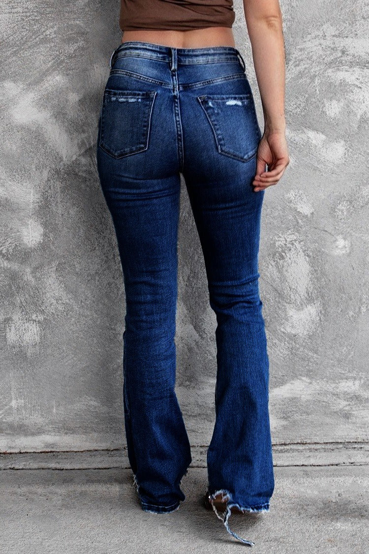 High Waist Distressed Raw Hem Flare Jeans