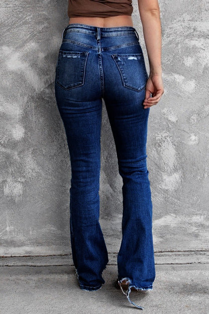 High Waist Distressed Raw Hem Flare Jeans