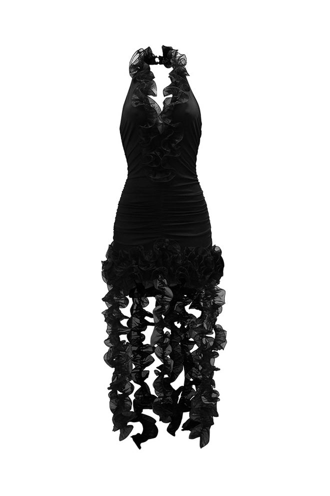 High Neck Cut Out Front Frilly Mini Dress