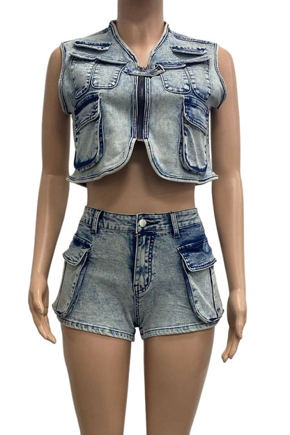 Denim Utility Vest & Stretch Shorts Set