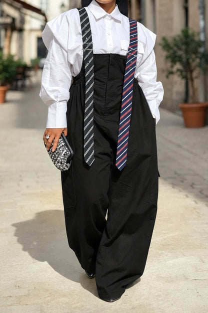 Wide-Leg Cargo Overalls with Buckle Straps