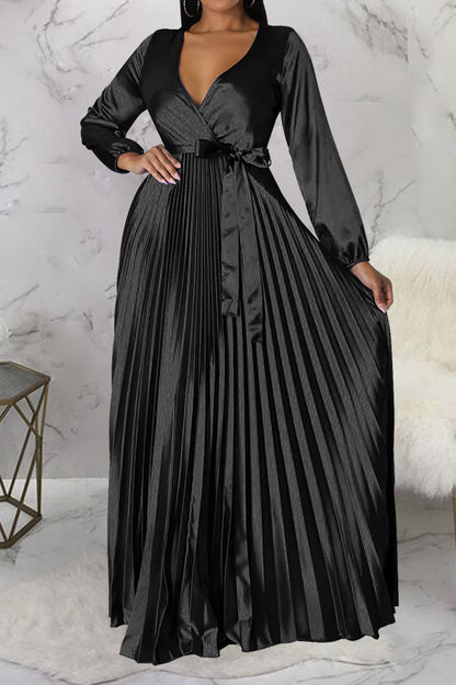 Faux Silk Pleated Tie-Waist Maxi Dress