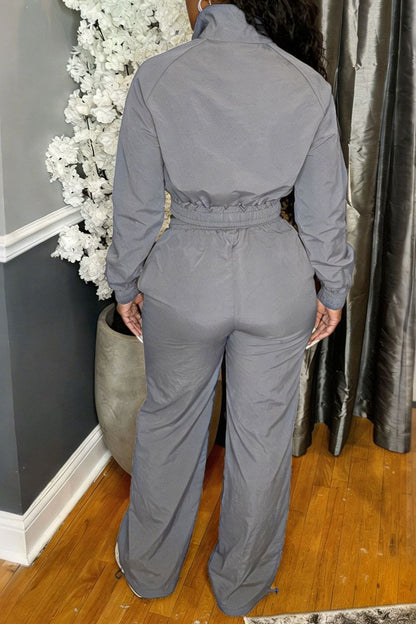 Zip-Front Piped Top & Wide-Leg Pants Set