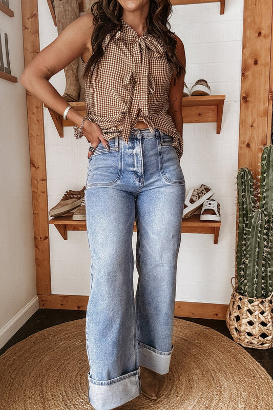 Washed Stretch Mid-Rise Straight Jeans