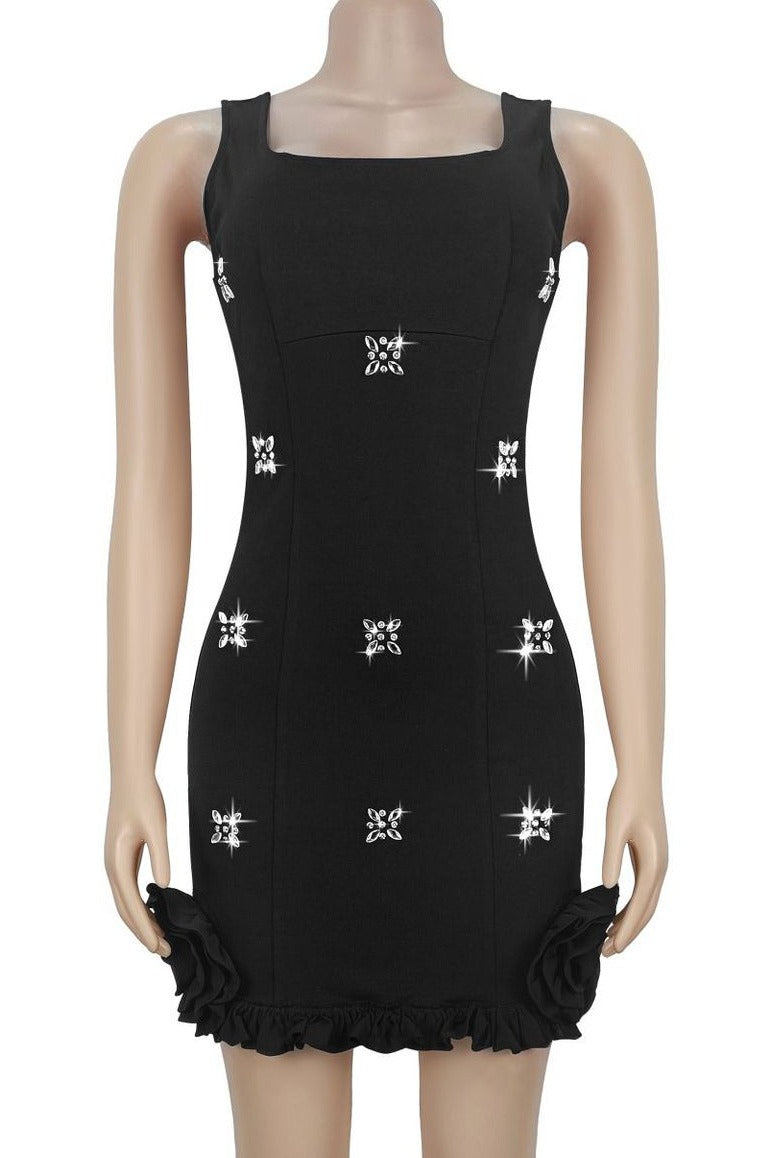 Rhinestone 3D Rosette Hem Mini Dress