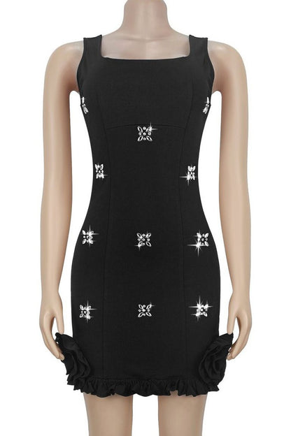 Rhinestone 3D Rosette Hem Mini Dress