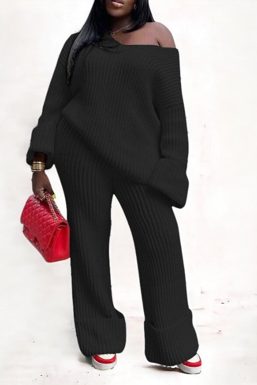 Solid Loose Knitted Two Piece Set
