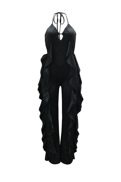Ruffle-Trim Halter Wide-Leg Jumpsuit
