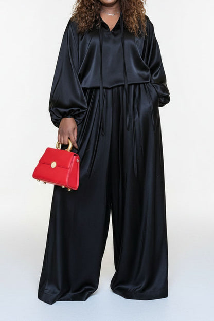 Drawstring Top & Wide Leg Pants Set