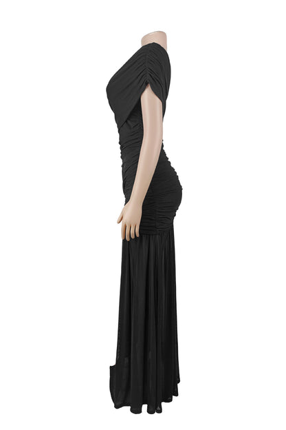 One Shoulder Ruched High Slit Maxi Dress