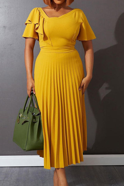 Pleated Flounce Sleeve Slim Fit Dress