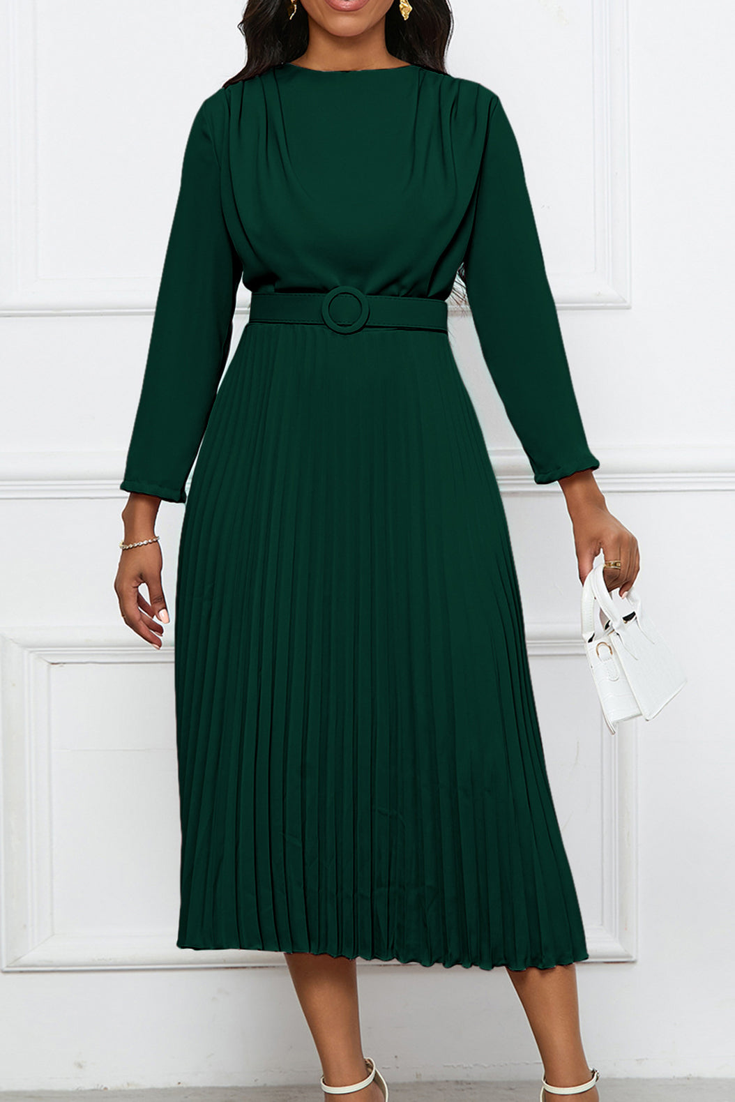 Elegant Pleated Career Solid Dress