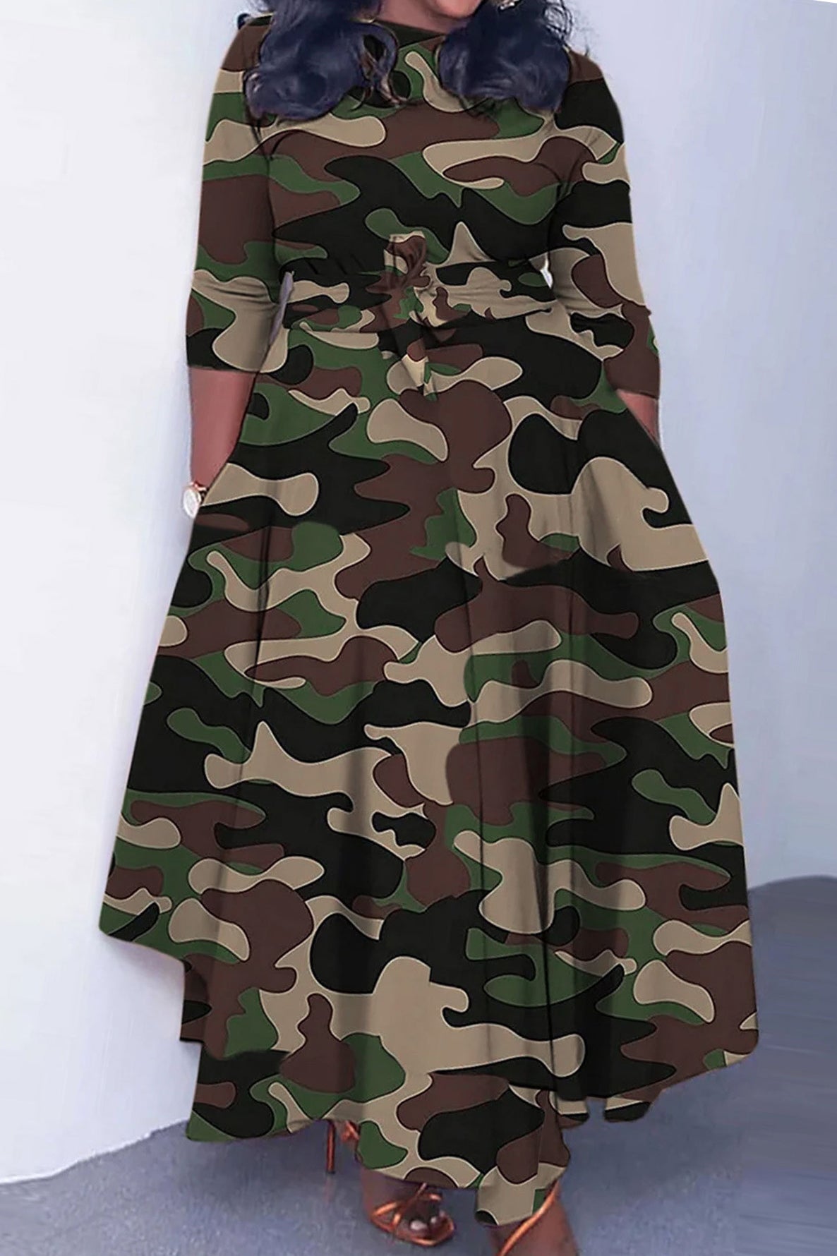 Print Crew Neck Half Sleeve Belted Dress