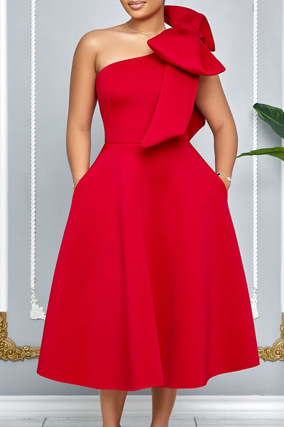 Single Shoulder Bow Detail Flare Midi Dress
