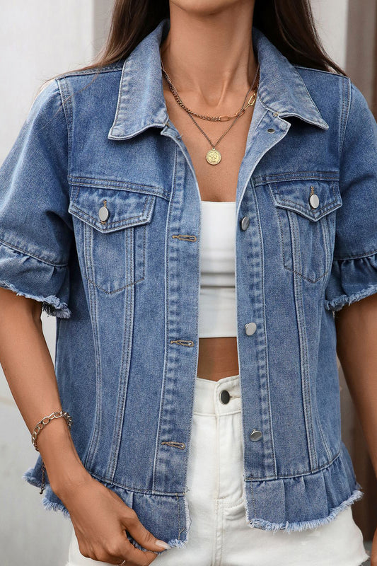 Ruffled Raw Hem Short Sleeve Denim Jacket