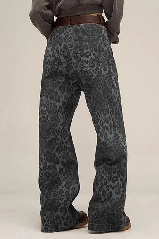 Vintage Leopard Print Wide Leg Denim Pants