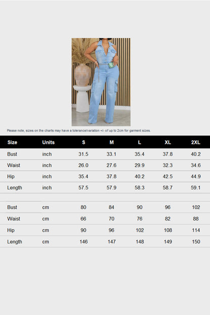 Multi Pocket Denim Halter Backless Jumpsuits