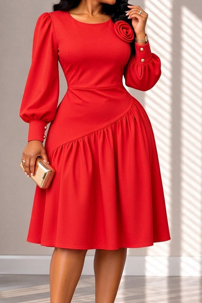 Rosette Balloon-Sleeve A-Line Midi Dress
