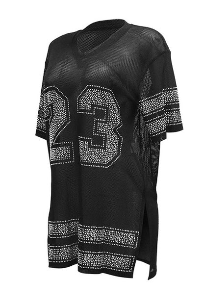 Sheer Mesh Split Rhinestone Top